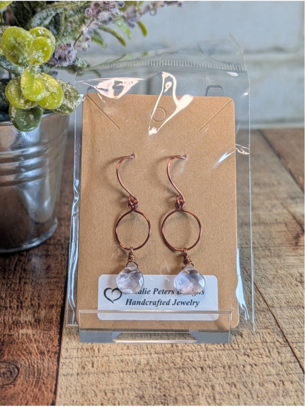 NEW Artisan Copper Wrapped Wire Dangle Clear Faceted Quartz Teardrop Earrings